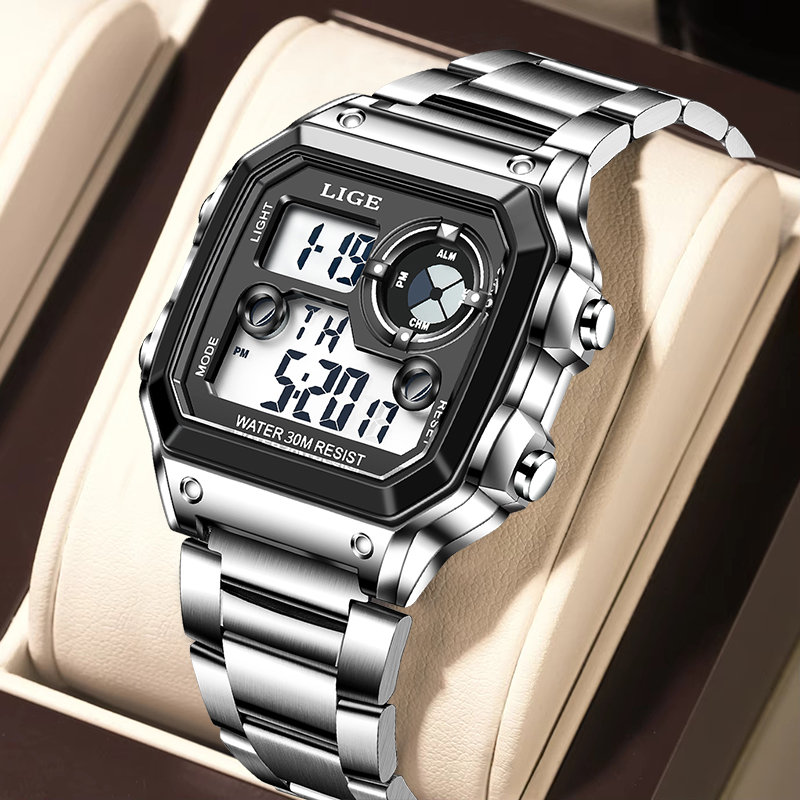 Analog Quartz Watch - LIGE ファッションカジュアル電子マンウォッチスポーツ防水発光アラームステンレス鋼バンドデジタルメンズ腕時計クロノグラフ