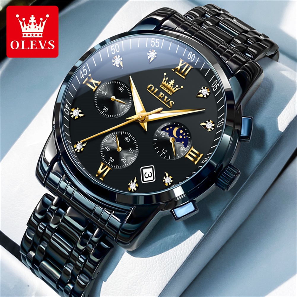 Analog Quartz Watch - OLEVS 人気のメンズ腕時計ステンレススチールブラックムーンフェイズクロノグラフクォーツ時計男性日付オリジナルブランド腕時計