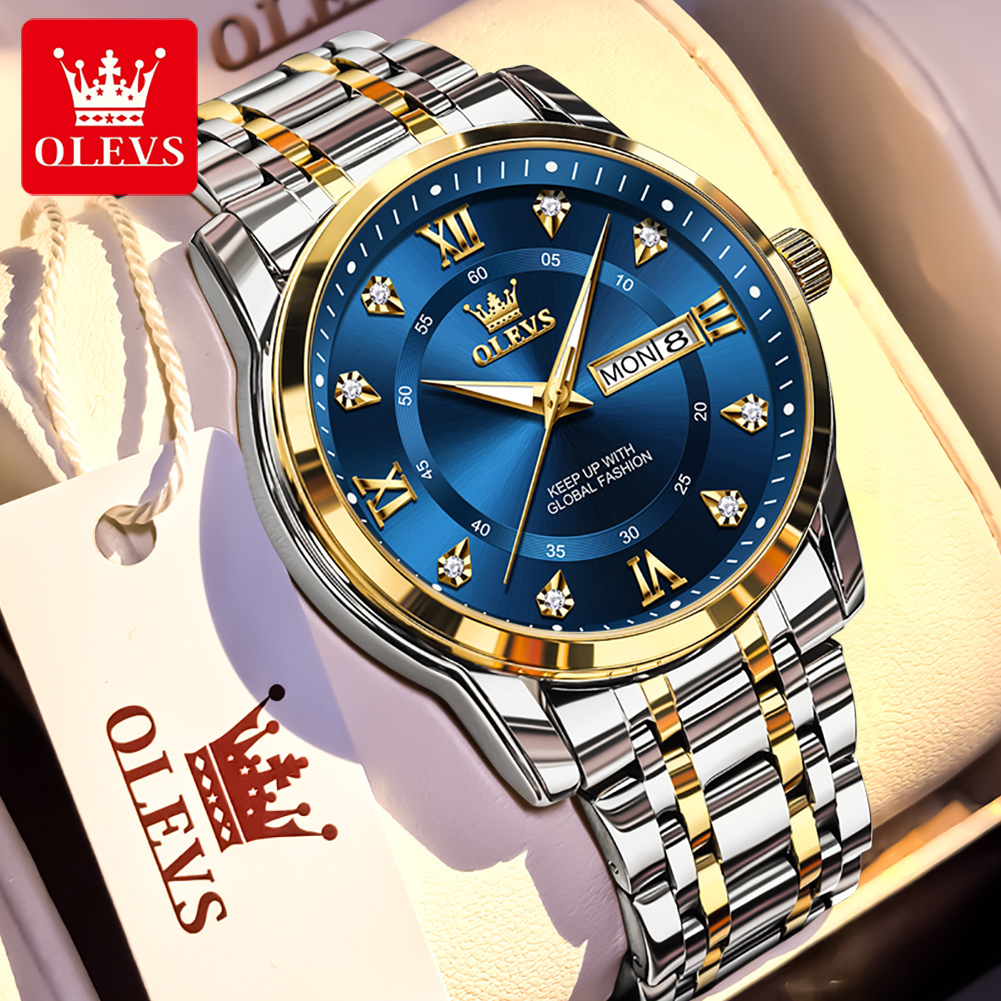 Analog Quartz Watch - OLEVS ブランドファッションメンズ腕時計ステンレス鋼防水クォーツ腕時計発光オリジナル腕時計男性用デュアルカレンダー