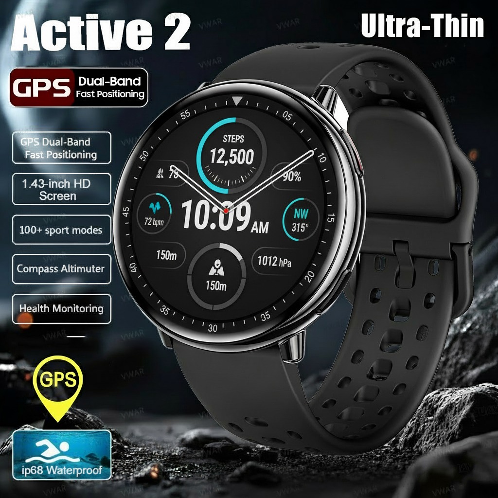Smartwatch Samsung Watches For Women - 2025年新型アクティブ2スマートウォッチ、女性男性向けGPS内蔵、IP68防水スポーツウォッチ、心拍数モニター、超薄型スマートウォッチ
